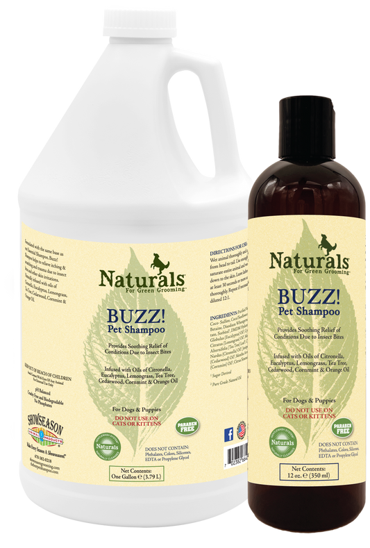 Naturals for green grooming Buzz! pet shampoo one gallon and 12 oz with product information and use 