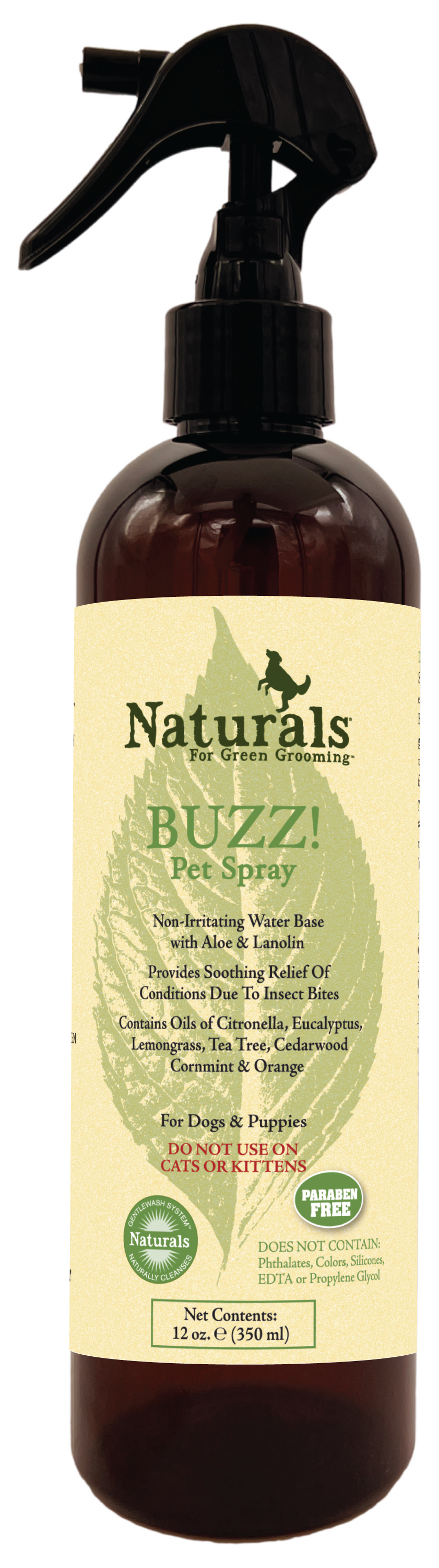 Naturals for Green Grooming Buzz! pet spray with product information 12 ounce bottle. 