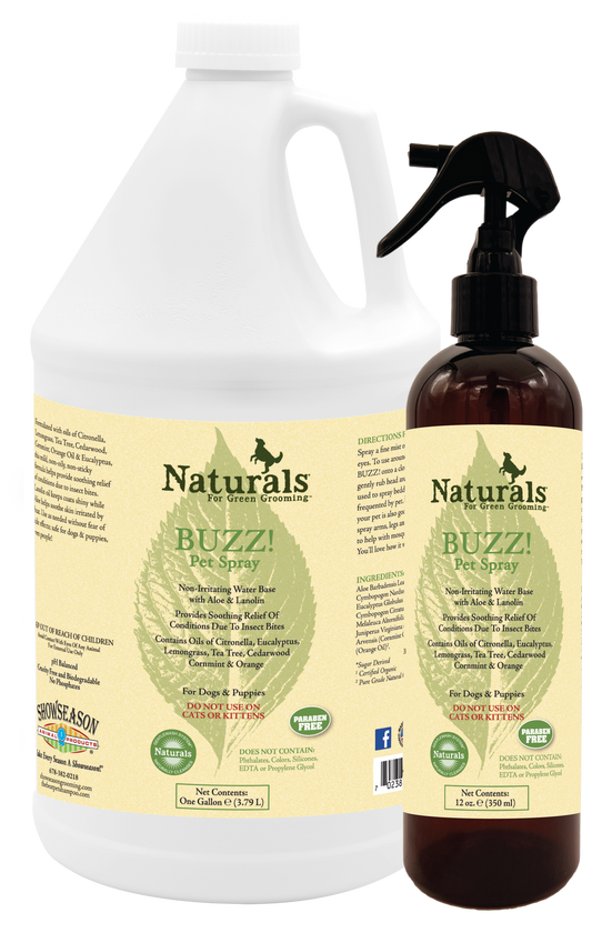 Naturals for Green Grooming Buzz! pet spray with product information in one gallon and 12 ounce bottle. 