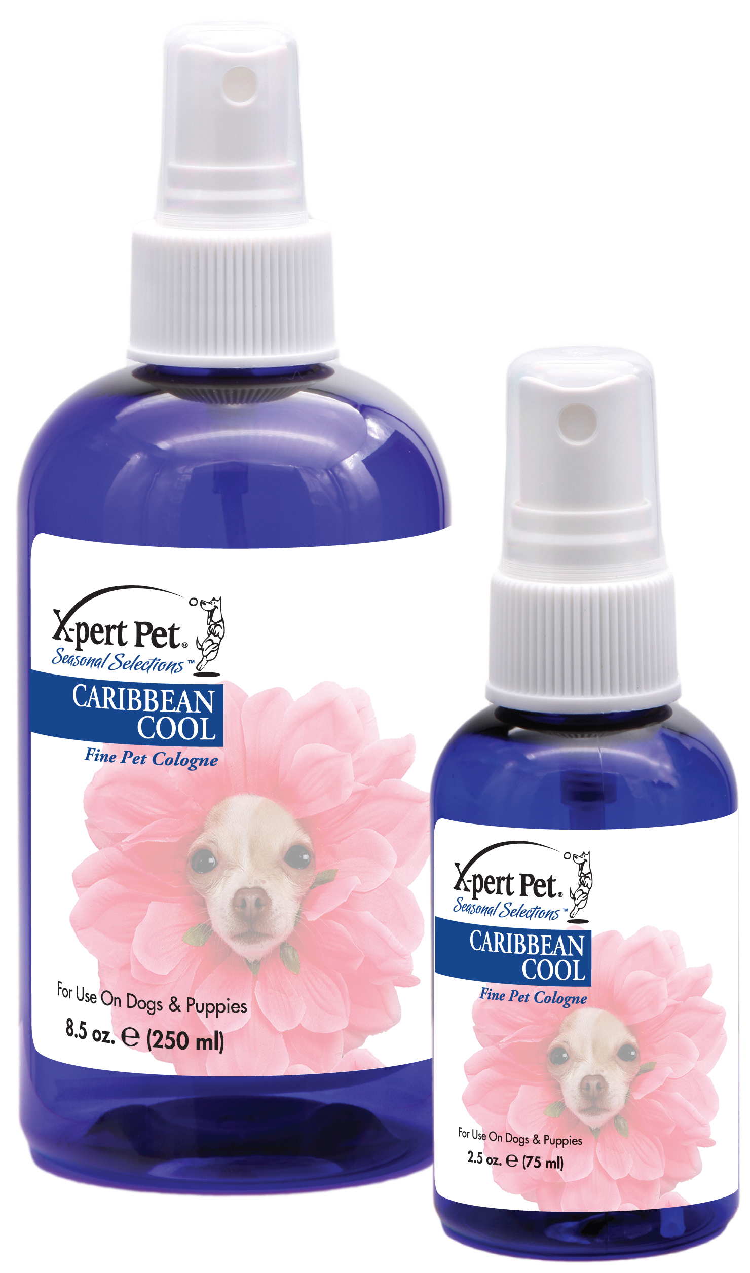 XPert Pet Seasonal Selections Caribbean cool fine pet cologne in 8.5 and 2.5 ounce pump spray bottle. 