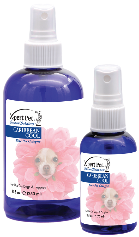 XPert Pet Seasonal Selections Caribbean cool fine pet cologne in 8.5 and 2.5 ounce pump spray bottle. 