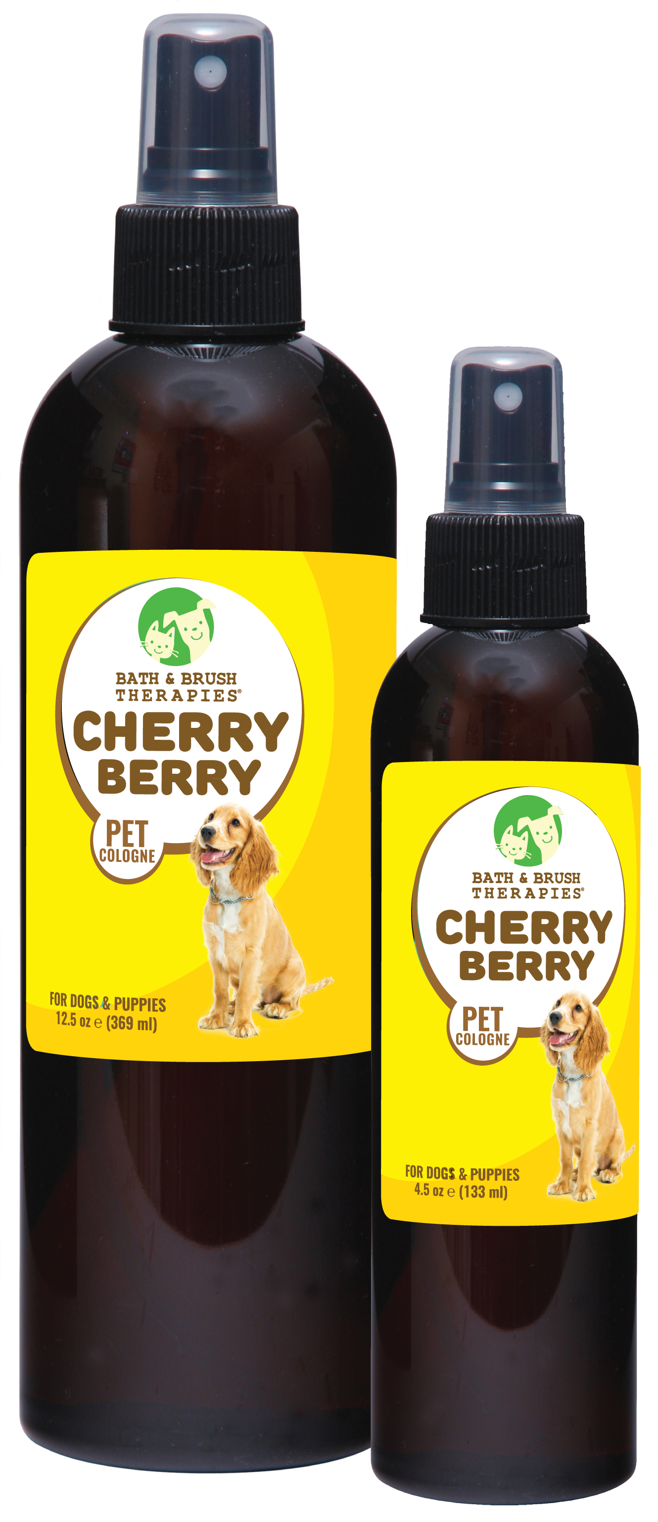 Cherry Berry Pet Cologne in 12.5 and 4.5 ounce pump spray bottles. 