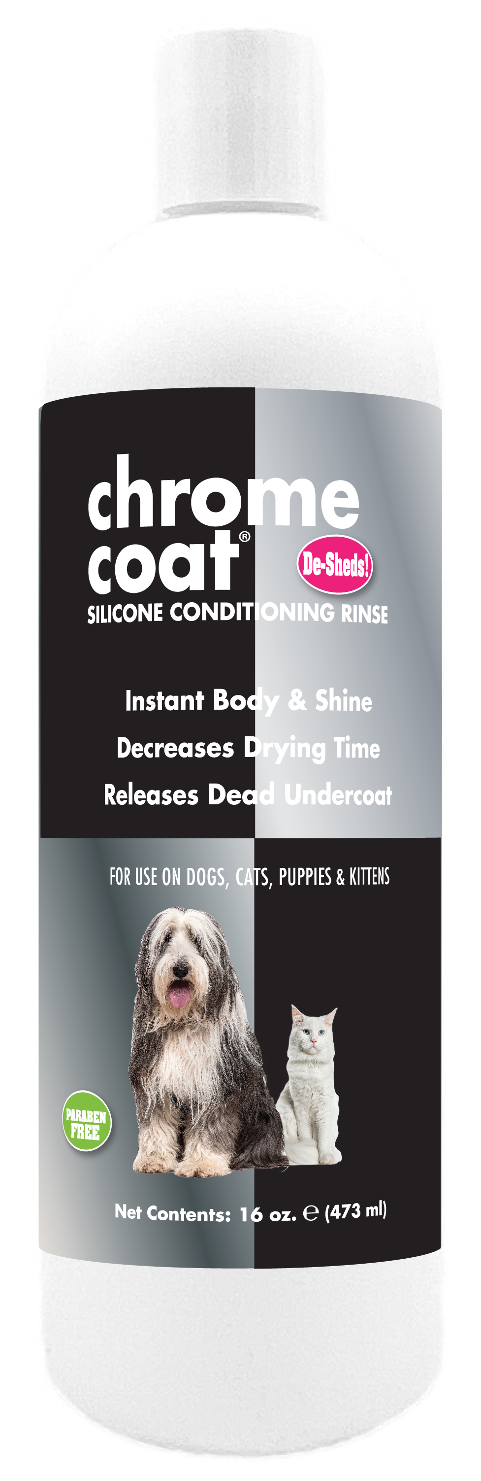 Chrome Coat Silicone Conditioning Rinse with product information and instructions in a 16 ounce bottle. 