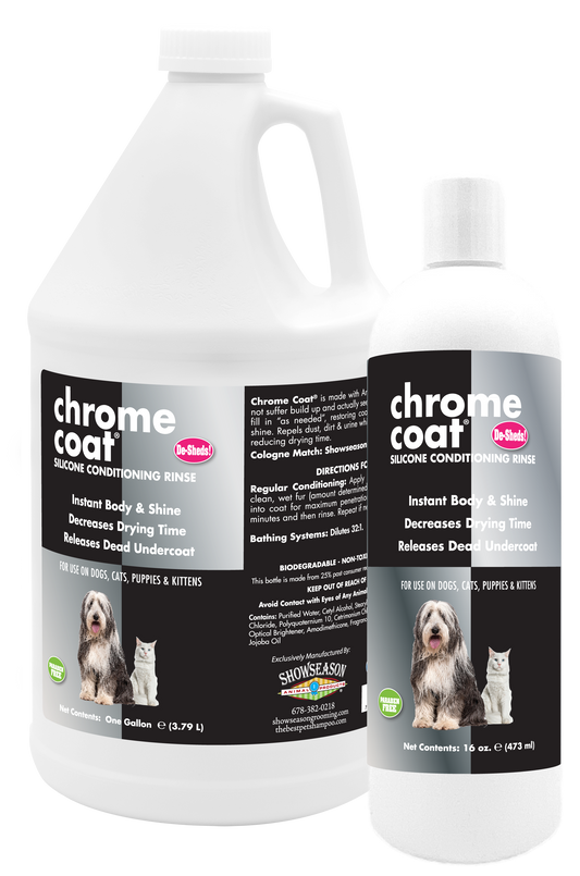 Chrome Coat Silicone Conditioning Rinse with product information and instructions in a one gallon and 16 ounce bottle. 