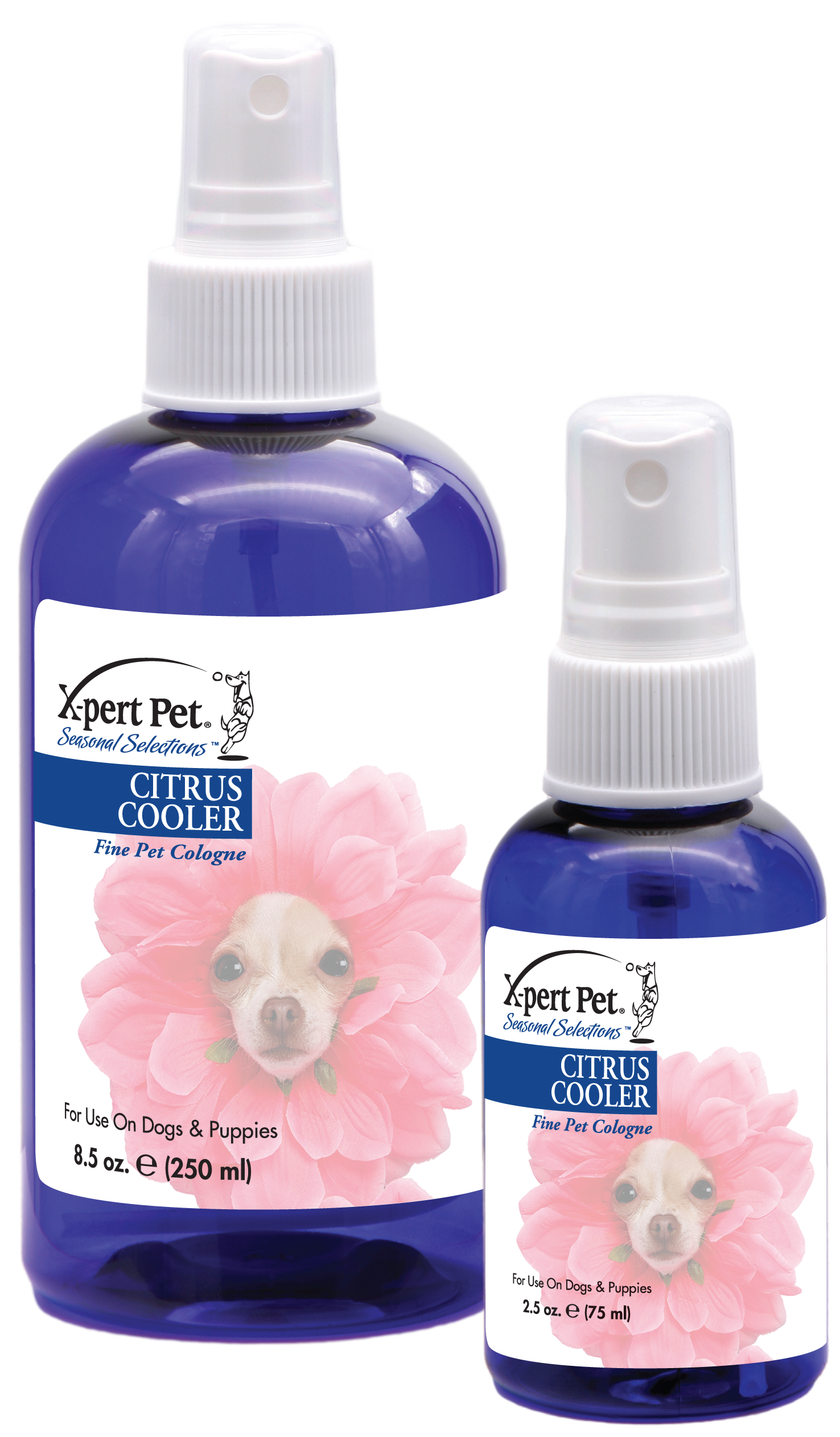 Xpert Pet Seasonal Selection Citrus Cooler Fine Pet Cologne in 8.5 and 2.5 ounce pump spray bottles. 
