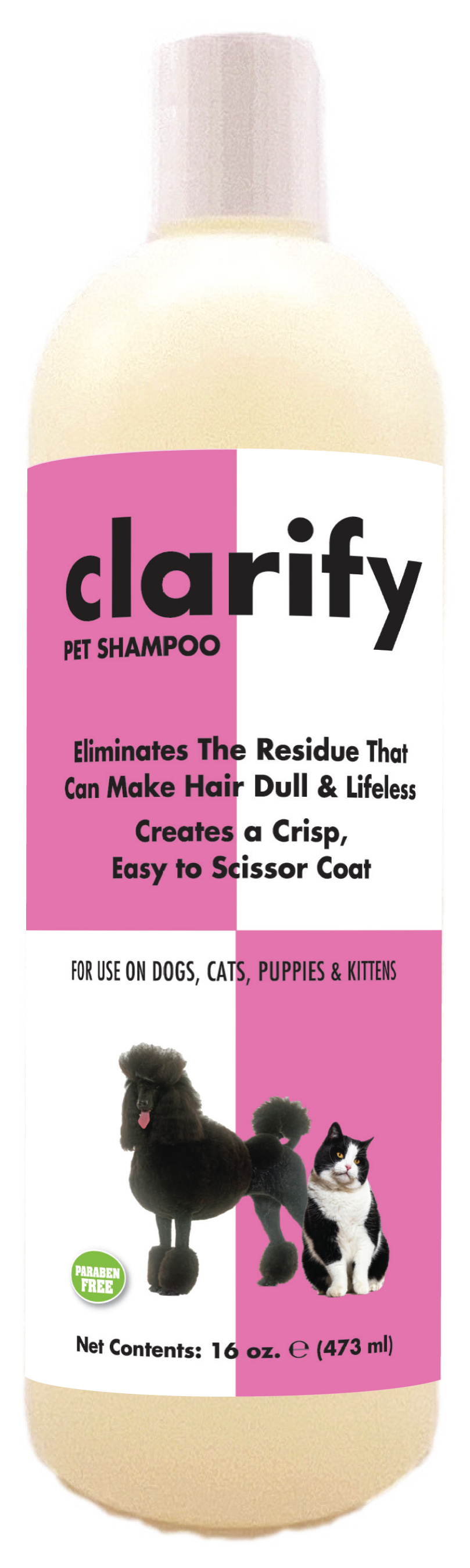 Clarify Pet Shampoo with product information and instructions 16 ounce bottle. 