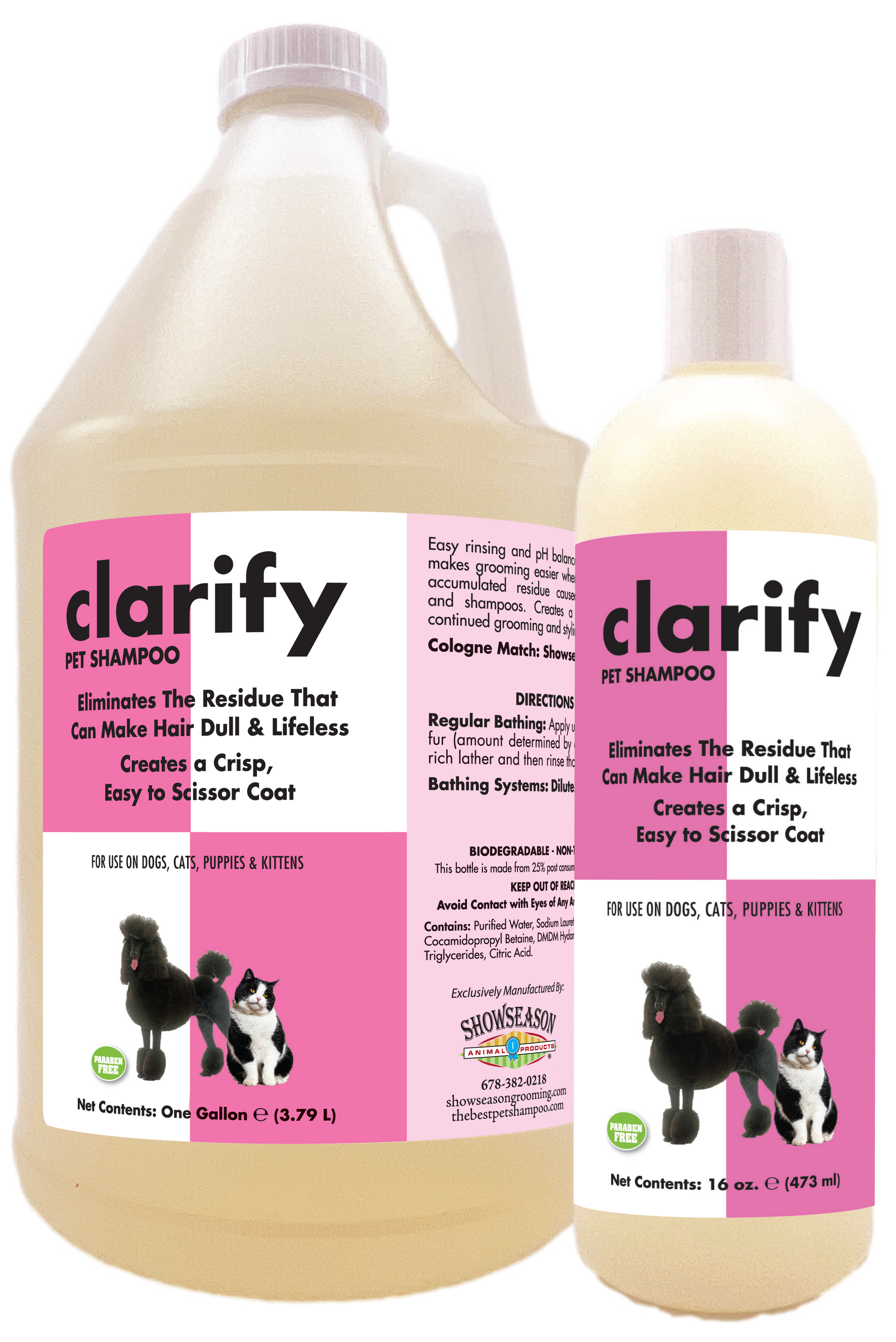 Clarify Pet Shampoo with product information and and instructions in one gallon and 16 ounce bottles. 