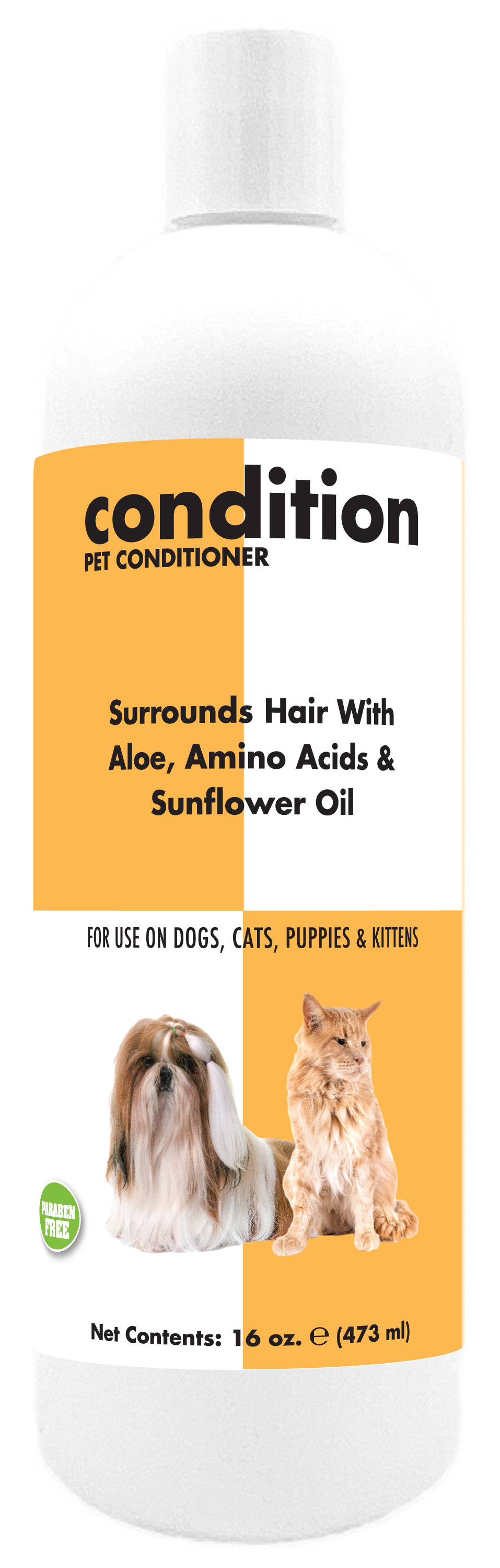 Condition Pet Conditioner with product information and instructions in a 16 ounce bottle. 