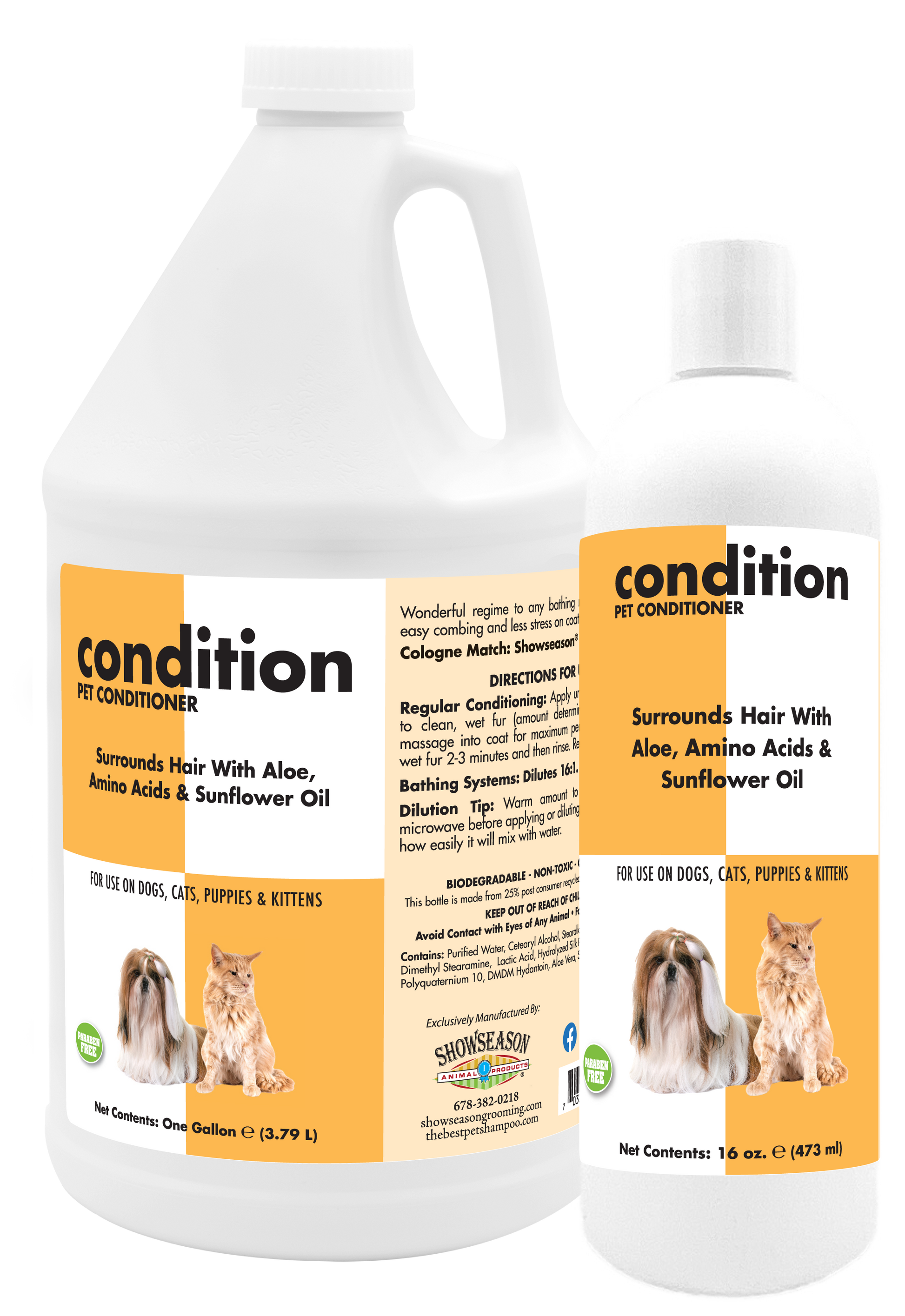 Condition Pet Conditioner with product information and instructions in one gallon and 16 ounce bottles. 