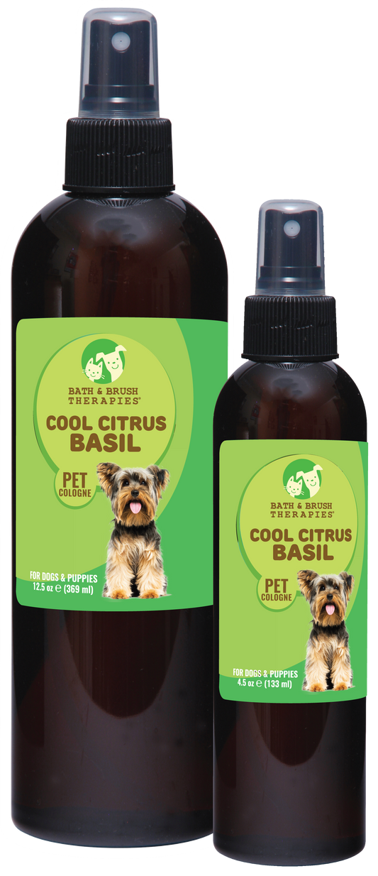 Cool Citrus Basil Pet Cologne in 12.5 and 4.5 ounce pump spray bottle. 