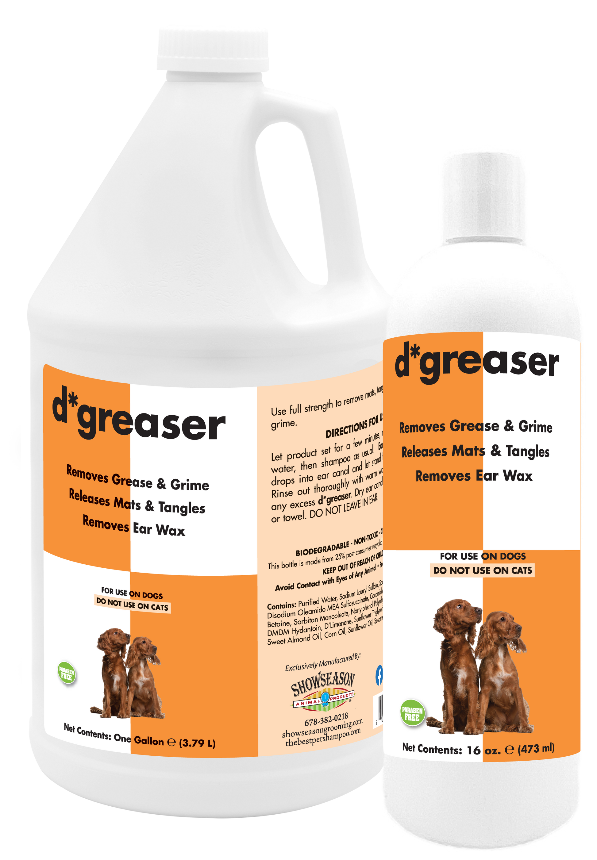 D*greaser pet shampoo with product information and instructions in one gallon and 16 ounce bottles. 
