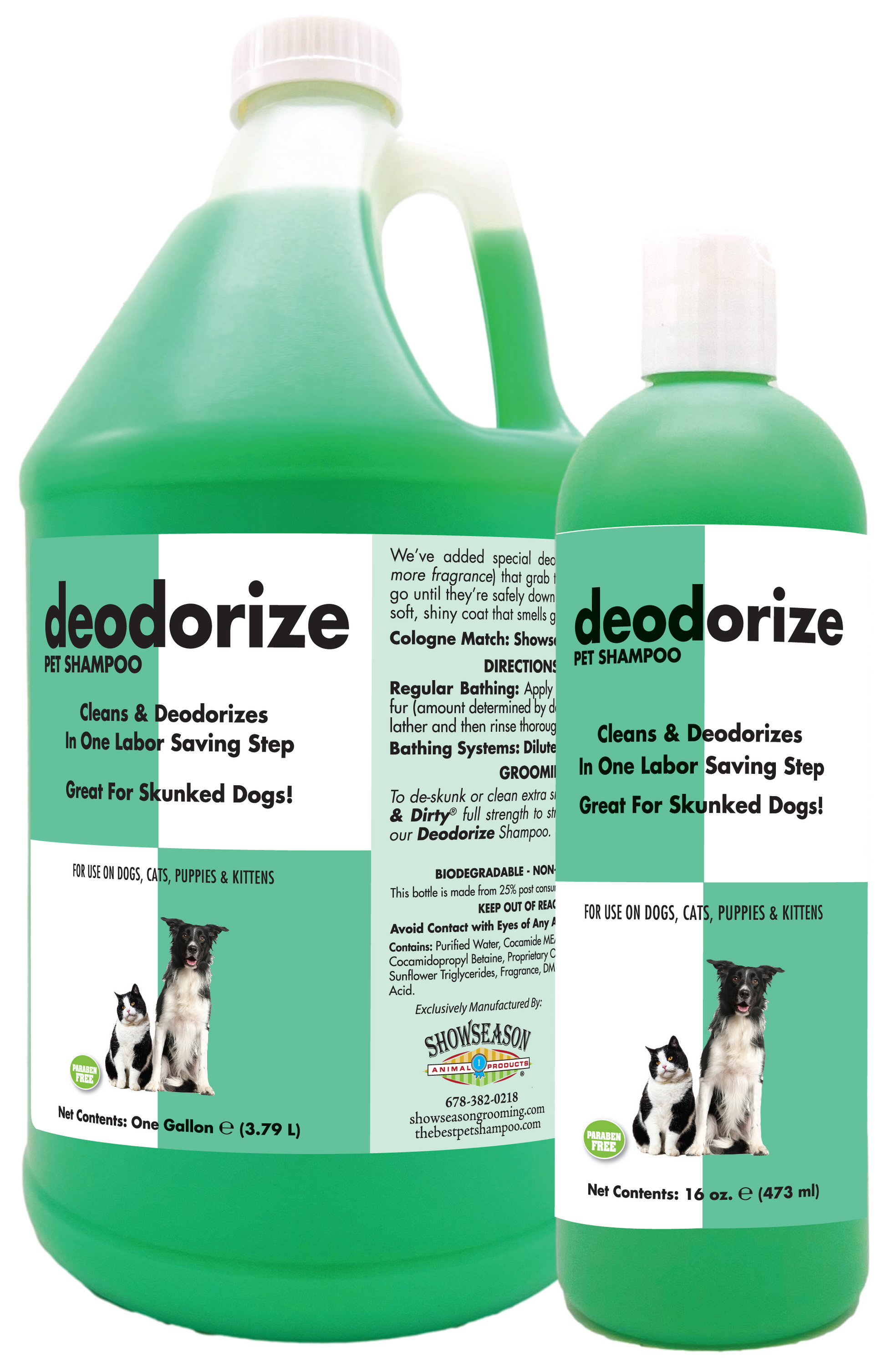 Deodorize Pet Shampoo in product information and instructions in a one gallon and 16 ounce bottle. 