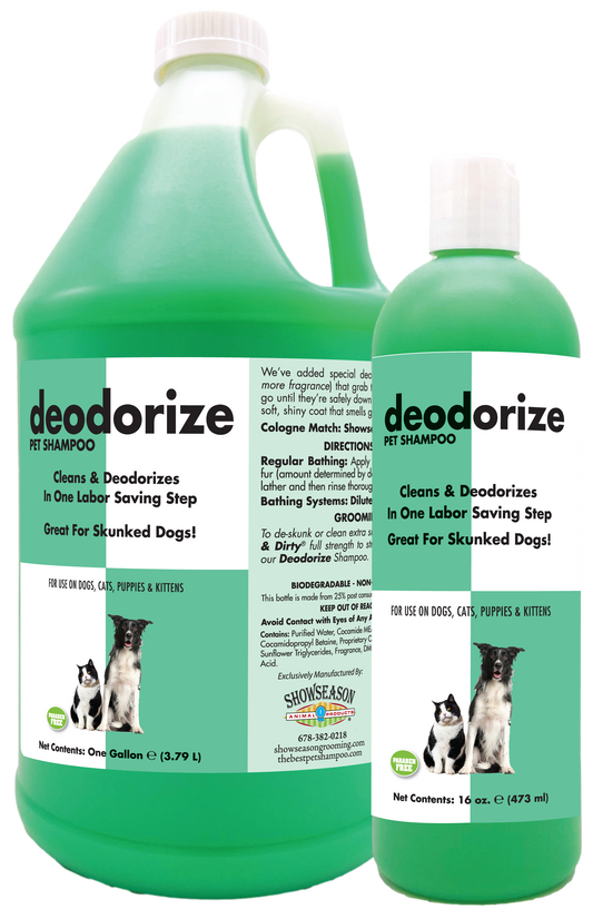 Deodorize Pet Shampoo in product information and instructions in a one gallon and 16 ounce bottle. 