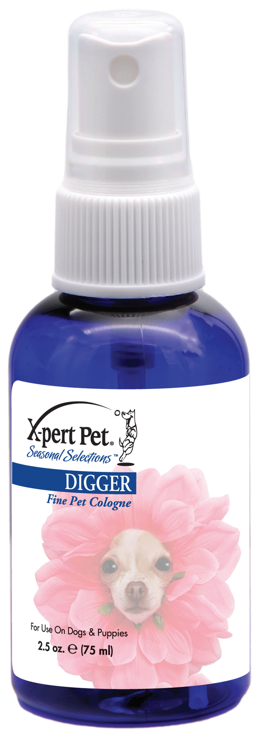 Xpert Pet Seasonal Scents Digger Fine Pet Cologne in 2.5 ounce pump spray bottles. 