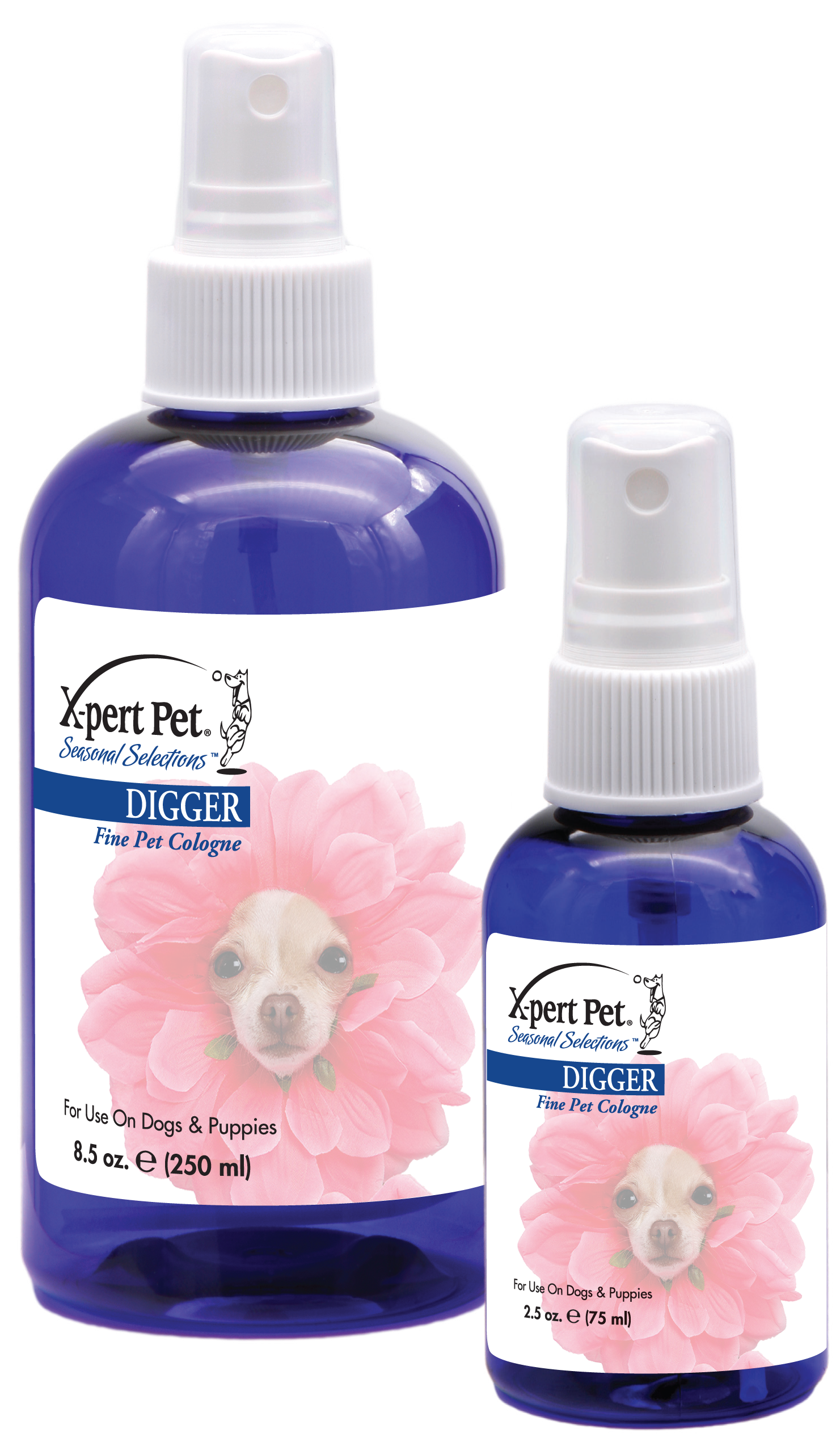 Xpert Pet Seasonal Scents Digger Fine Pet Cologne in 8.5 and 2.5 ounce pump spray bottles. 