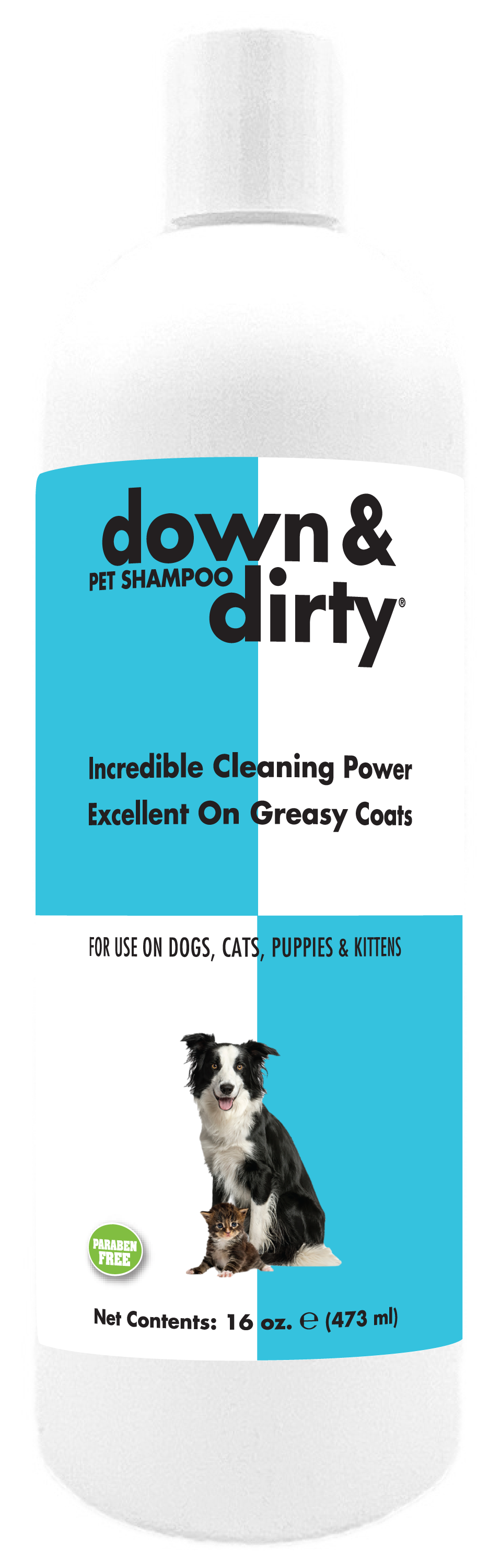 Down and Dirty pet shampoo with product information and instructions in 16 ounce bottle. 