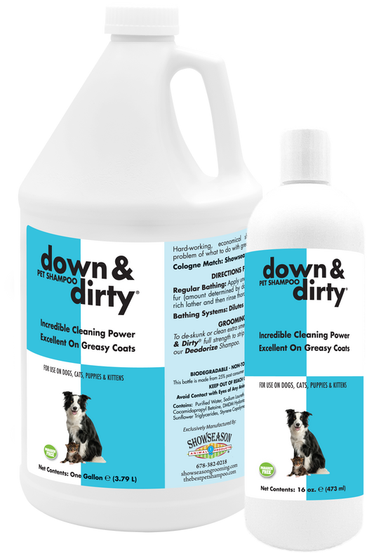 Down and Dirty Pet Shampoo with product information and instructions in one gallon and 16 ounce bottles. 
