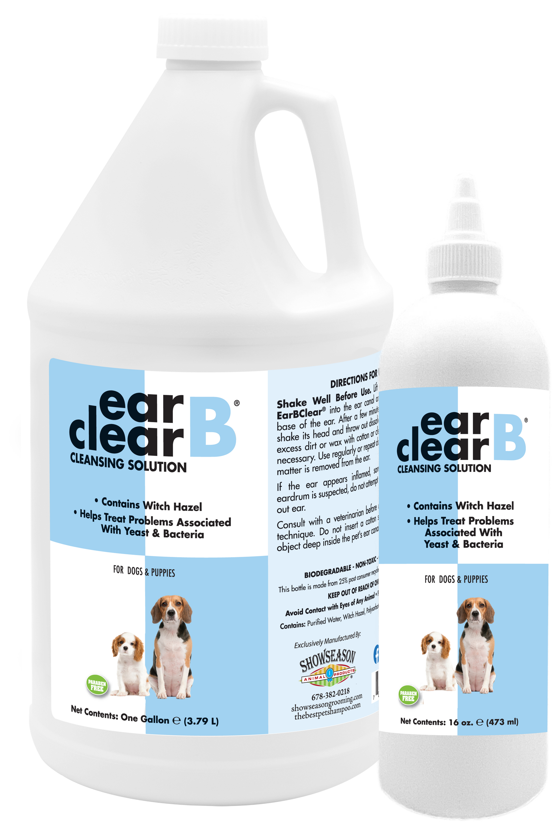 Ear B Clean Cleansing Solution with product information and instructions in a one gallon and 16 ounce bottle. 