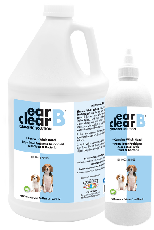 Ear B Clean Cleansing Solution with product information and instructions in a one gallon and 16 ounce bottle. 
