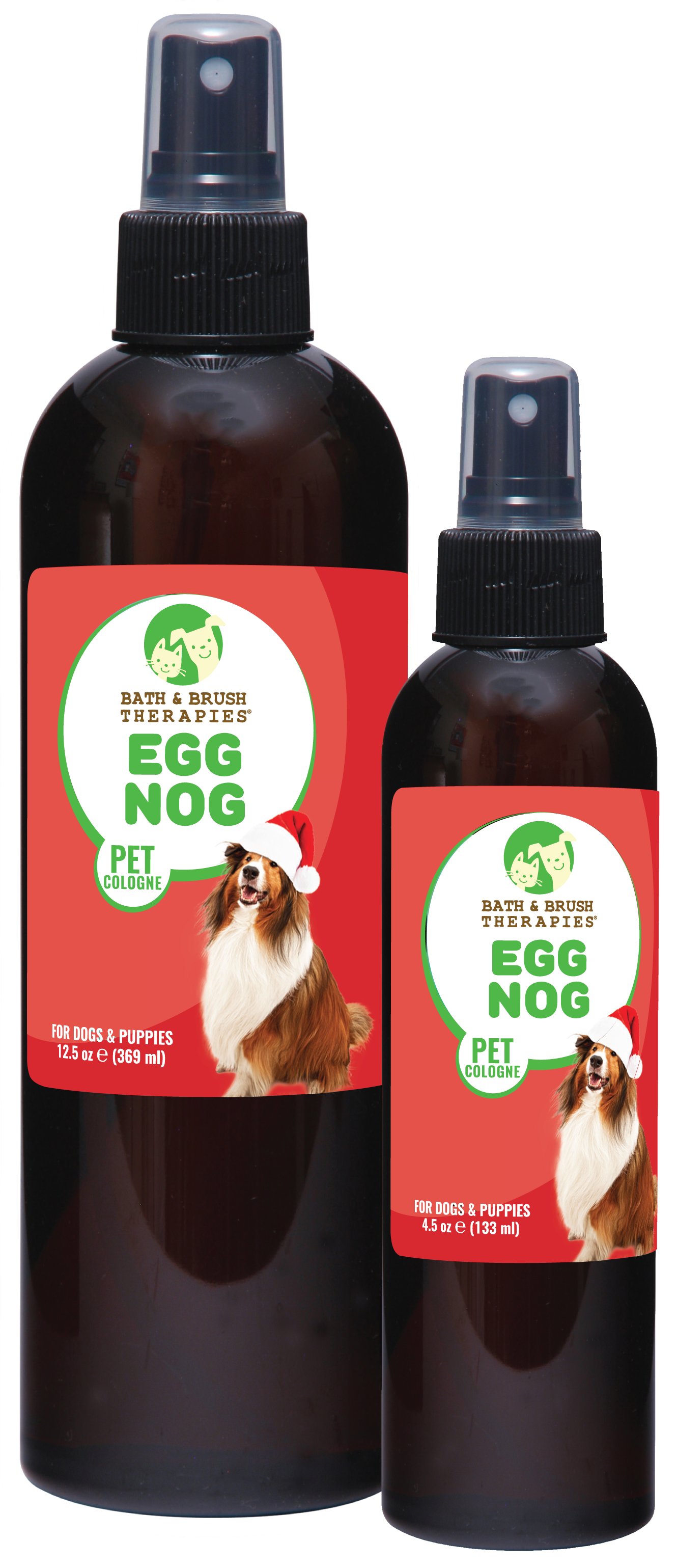 Eggnog Pet Cologne in a 12.5 and 4.5 ounce pump spray bottle. 