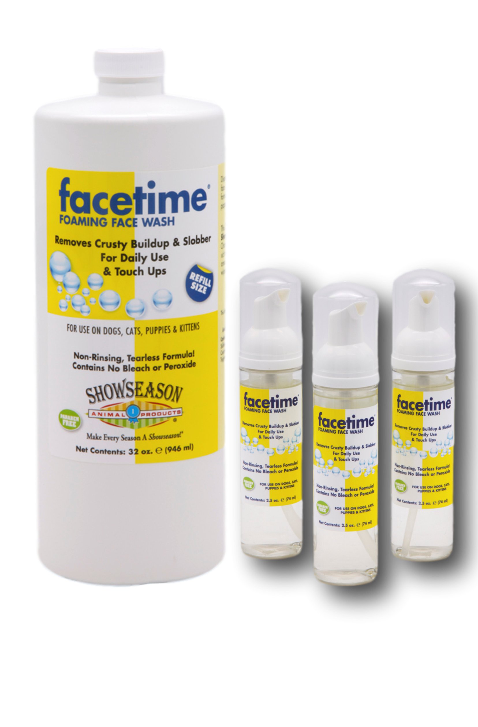 Facetime Foaming Face Wash with product information and instructions in a 32 ounce bottle and a 3 pack of 2.5 ounce bottles. 