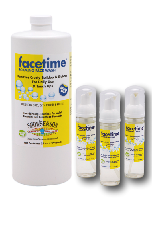 Facetime Foaming Face Wash with product information and instructions in a 32 ounce bottle and a 3 pack of 2.5 ounce bottles. 