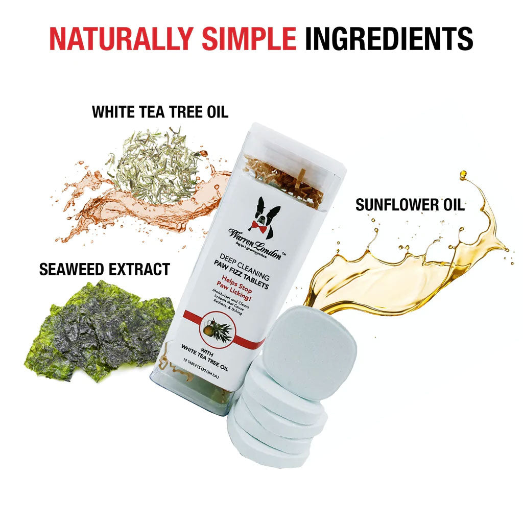 Paw fizz balls 12 count bottle on a background that shows its natural ingredients including white tea tree oil, seaweed extract, and sunflower oil. 