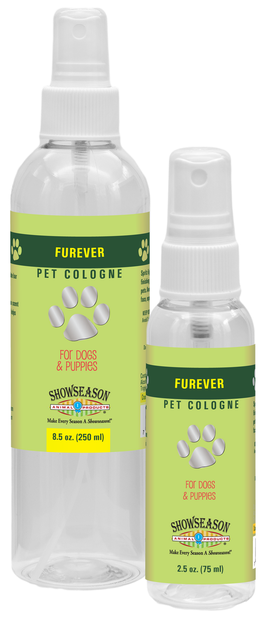 Furever Pet Cologne in 8.5 and 2.5 ounce pump spray bottles. 