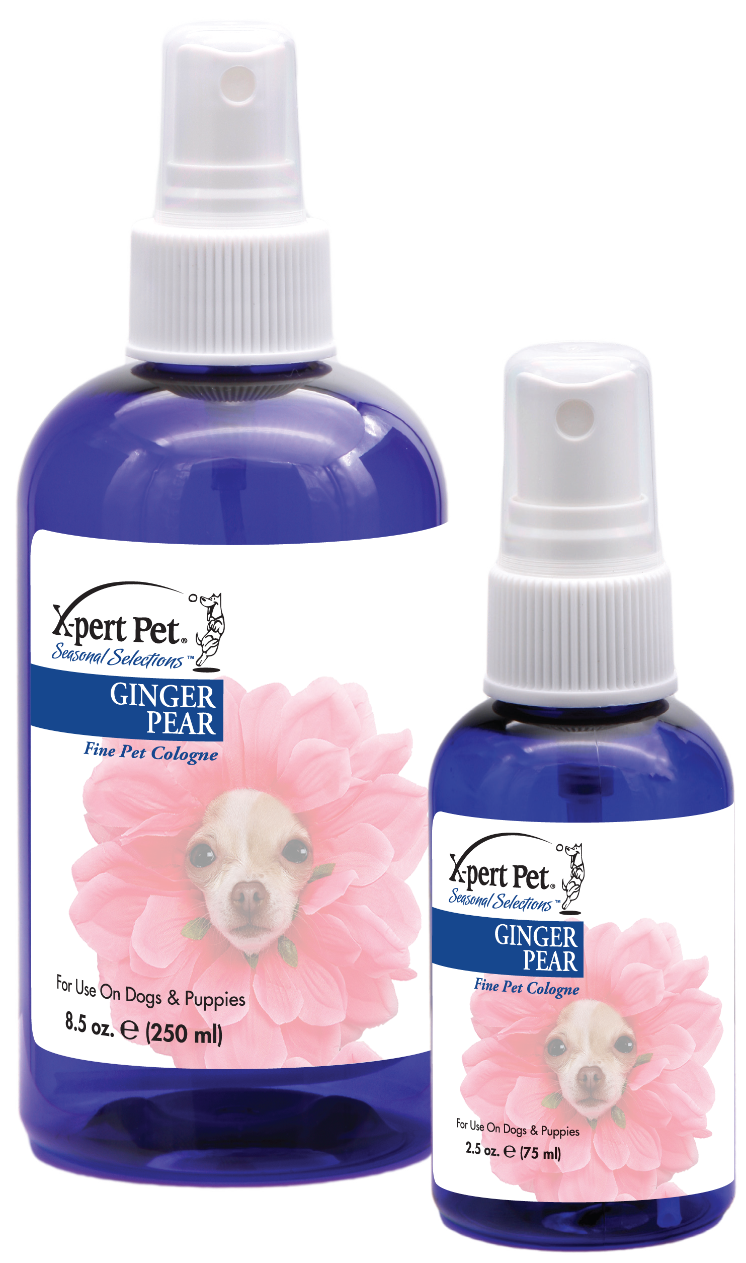 Xpert Pet Seasonal Selections Ginger Pear Fine Pet Cologne in 8.5 and 2.5 ounce pump spray bottles. 