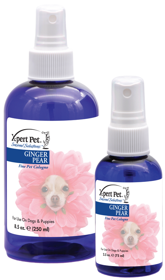 Xpert Pet Seasonal Selections Ginger Pear Fine Pet Cologne in 8.5 and 2.5 ounce pump spray bottles. 