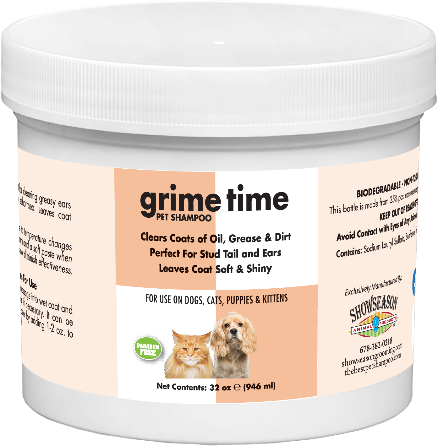 Grime Time Pet Shampoo with product information in a 32 ounce tub