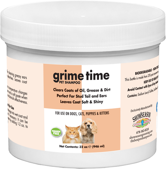 Grime Time Pet Shampoo with product information in a 32 ounce tub