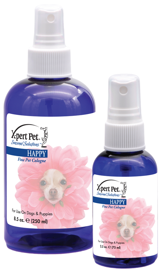 Xpert Pet Seasonal Scentations Happy Pet Cologne in 8.5 and 2.5 ounce pump spray bottle. 