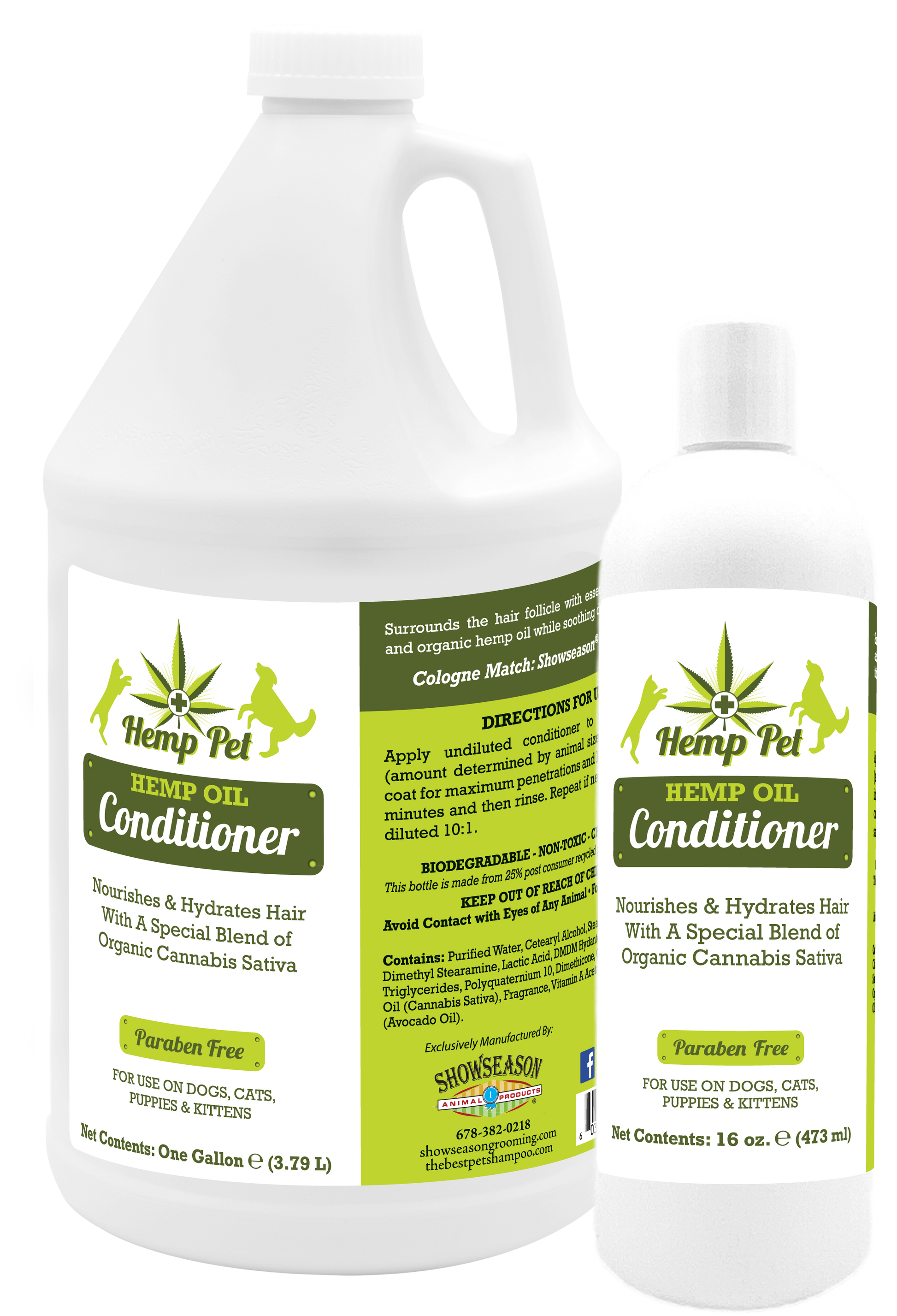 Hemp Oil Conditioner with product information in one gallon and 16 ounce bottles. 
