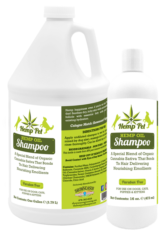 Hemp Oil Shampoo with product information in a one gallon bottle and a 16 ounce bottle. 