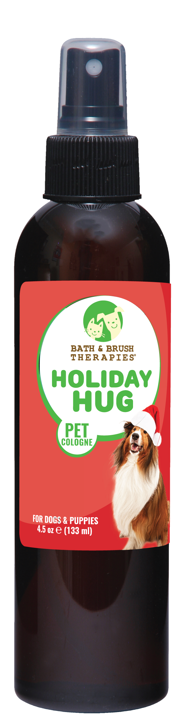 Holiday hug pet cologne in 4.5 ounce pump spray bottle. 