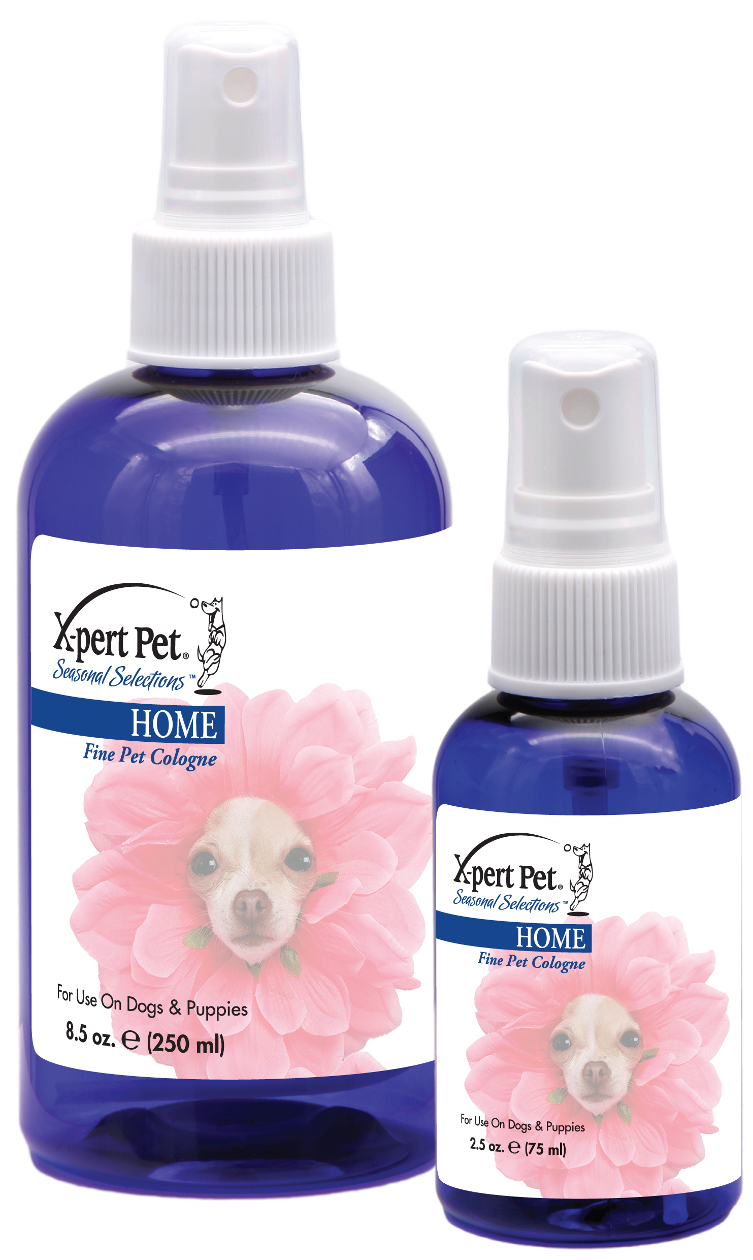 Xpert Pet Seasonal sensations Home Fine Pet Cologne in 8.5 ounce and 2.5 ounce pump spray bottle. 