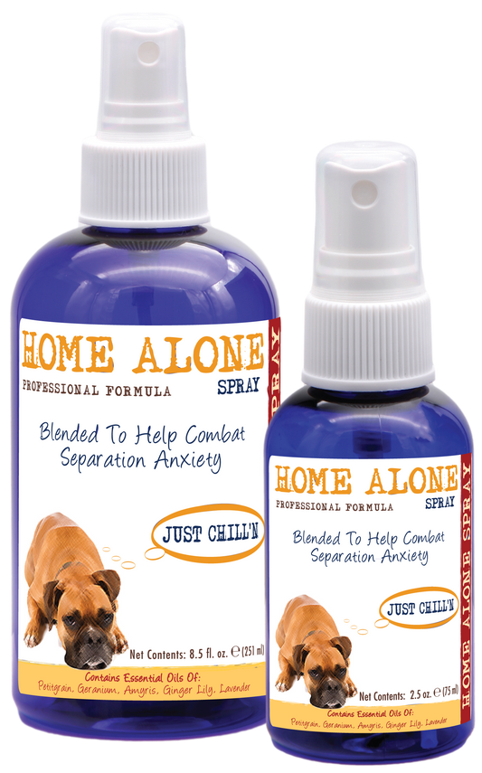 Home alone professional Separation anxiety spray in 8.5 and 2.5 ounce pump spray bottle. 