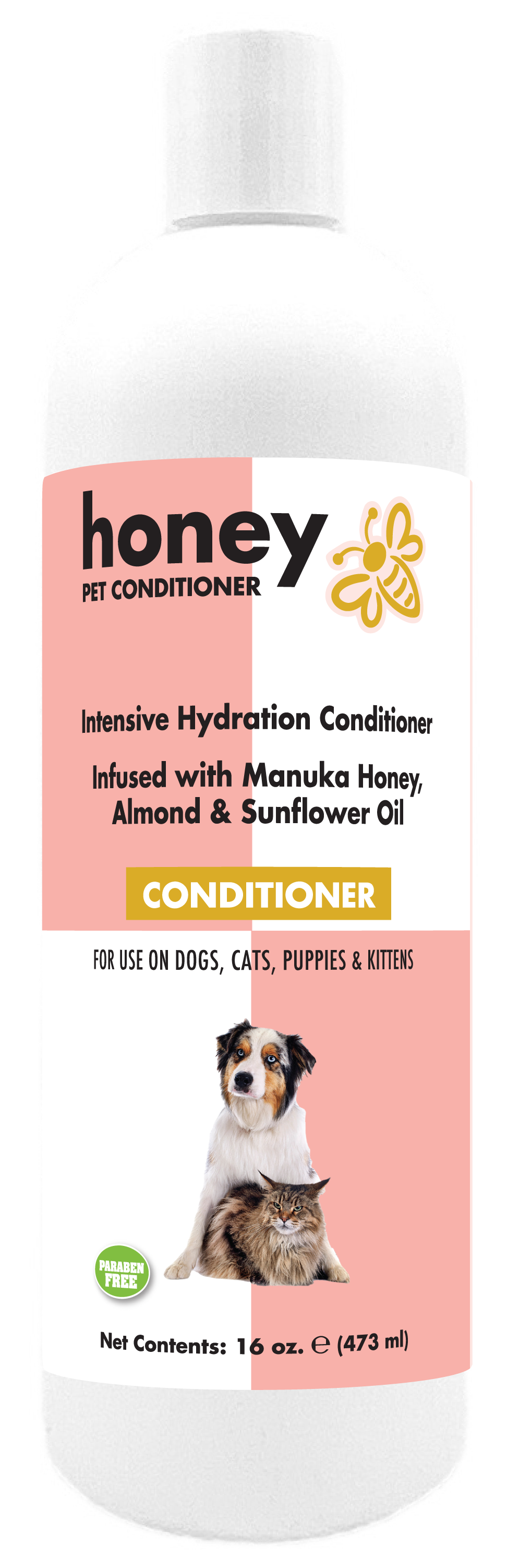 Honey pet conditioner with product information in a 16 ounce bottle. 