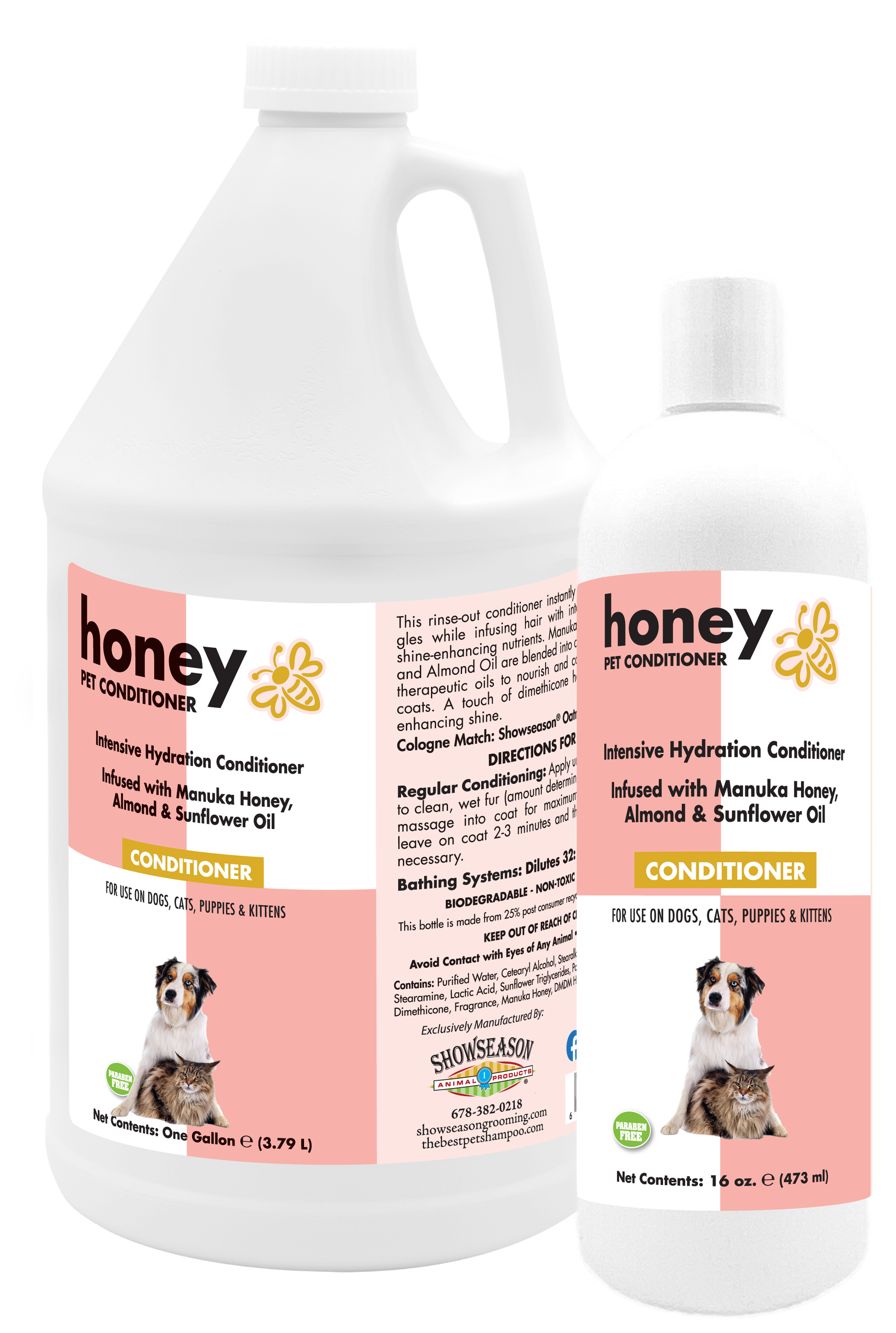 Honey Pet conditioner with product information in two bottle sizes, one gallon and 16 ounce. 