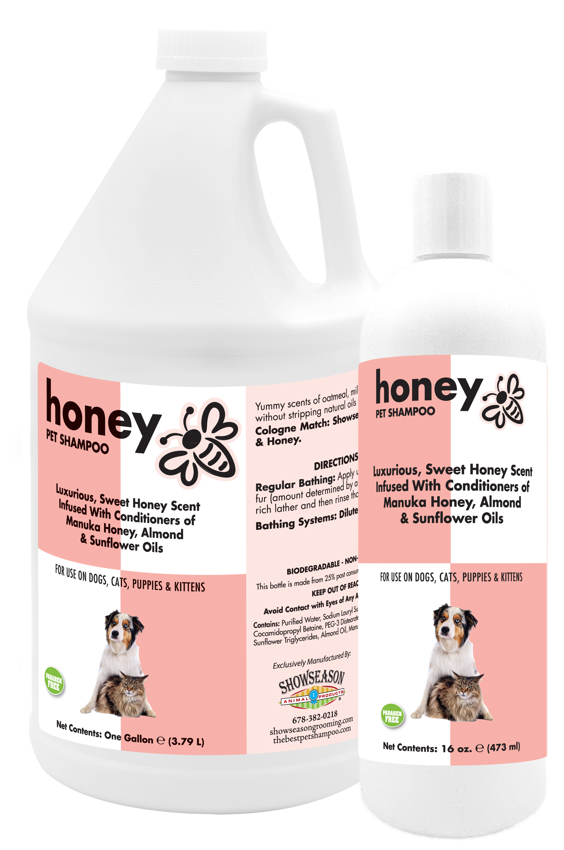 Honey Pet Shampoo with product information in 1 gallon and 16 ounce bottles. 