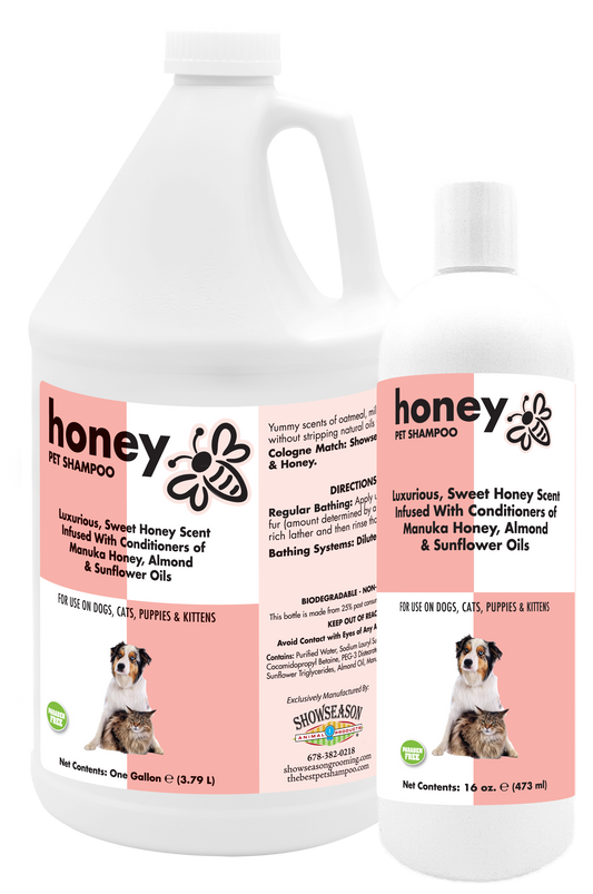 Honey Pet Shampoo with product information in 1 gallon and 16 ounce bottles. 