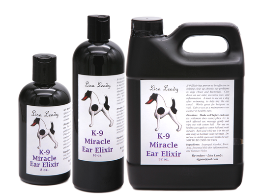 K-9 Miracle Ear Elixir with product information in 32 ounce, 16 ounce, and 8 ounce bottles. 
