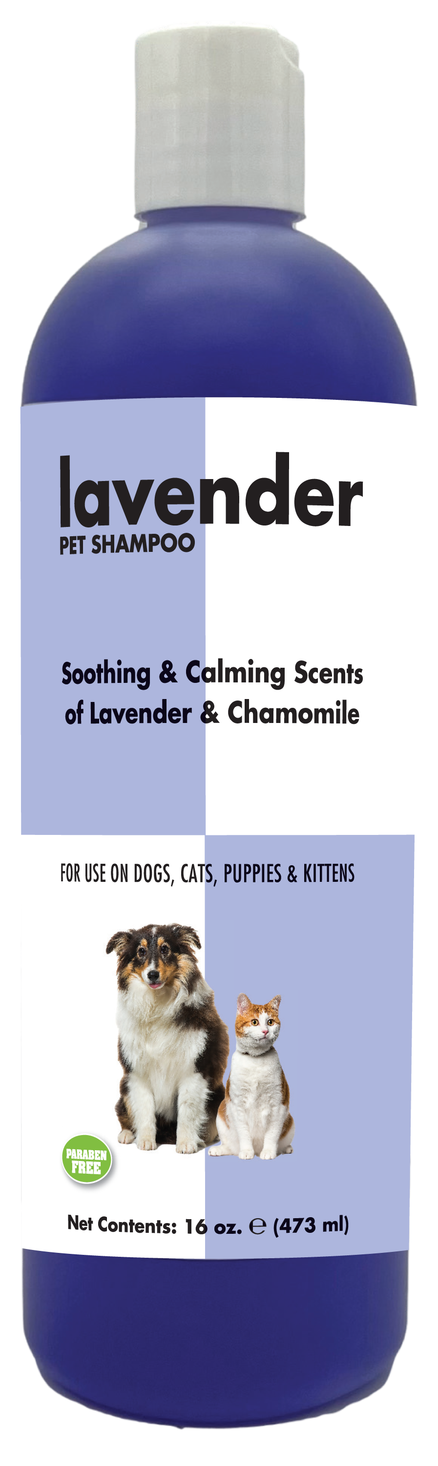 Lavender Pet shampoo with information and instruction in 16 ounce bottle. 