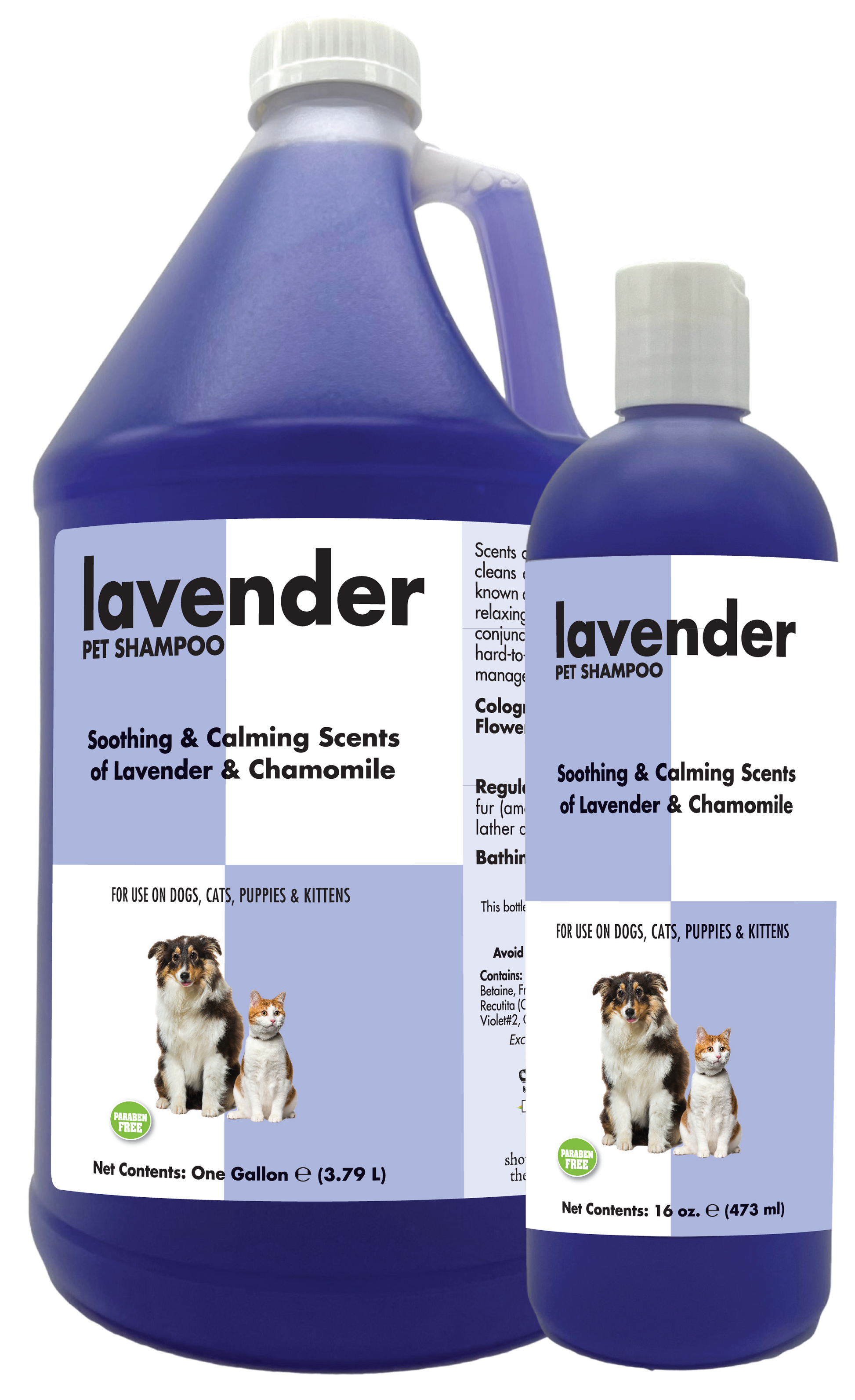 Lavender Pet shampoo with information and instruction in 1 gallon and 16 ounce bottles. 