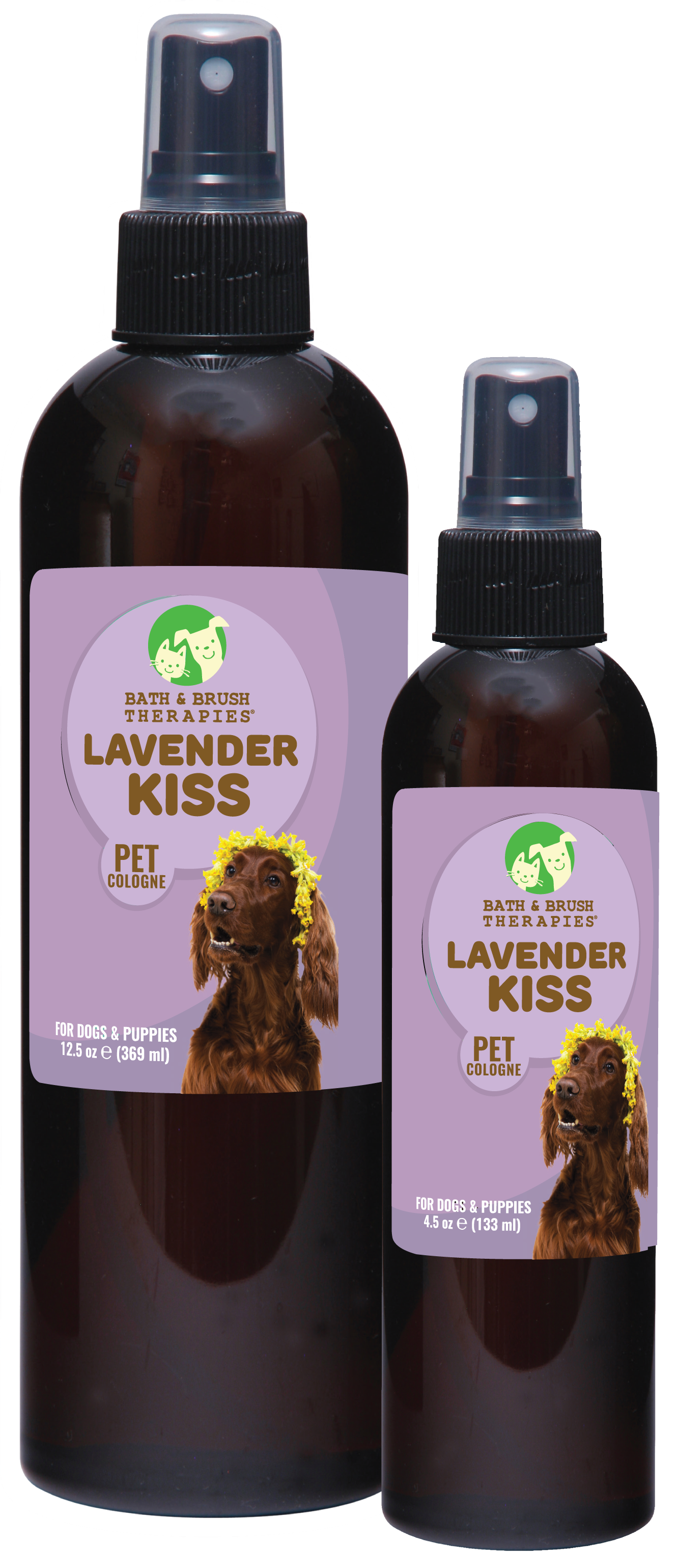 Lavender Kiss by Bath and Brush therapies Pet Cologne in 12.5 and 4.5 bottles. 