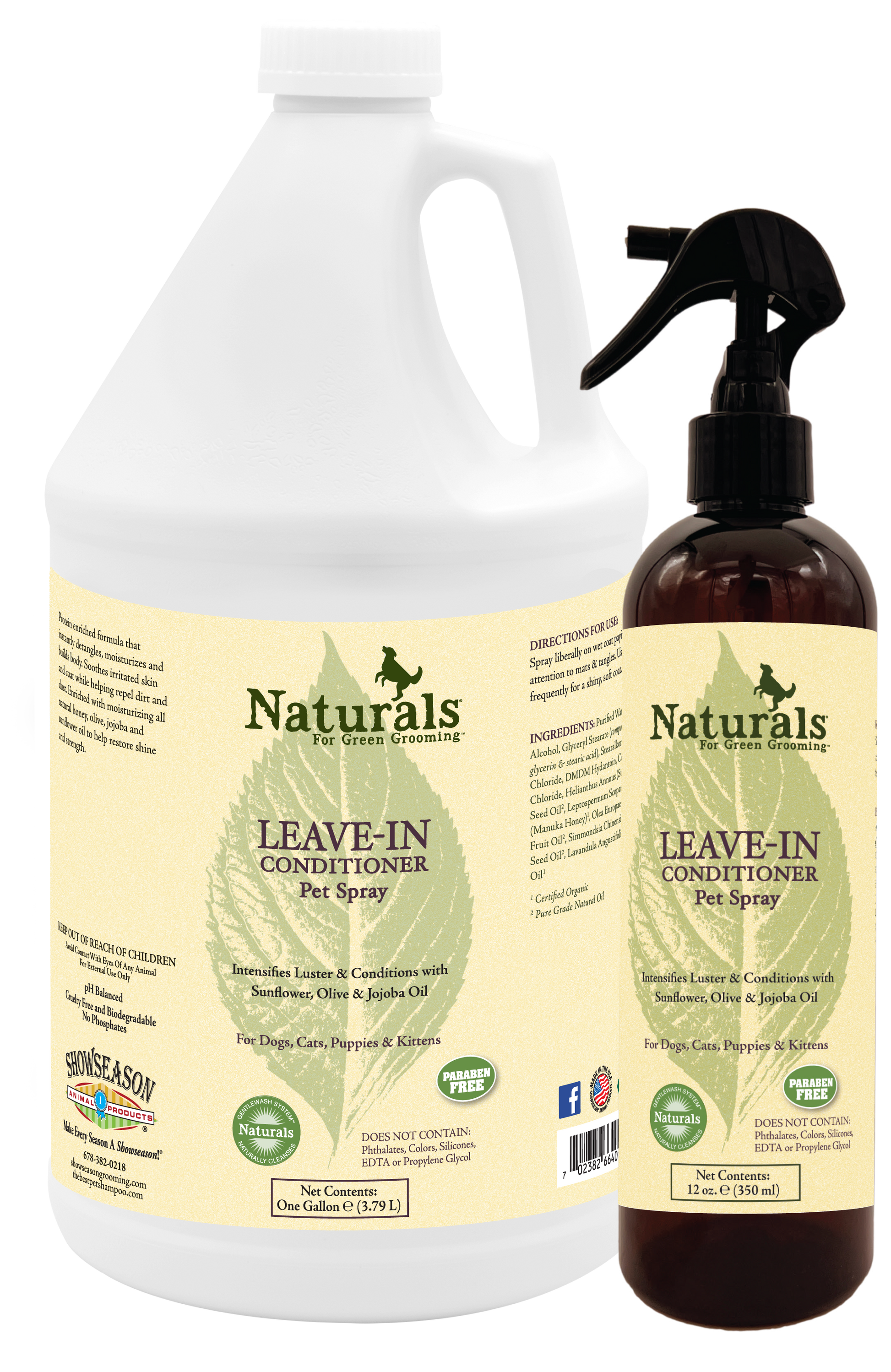 Naturals for Green Grooming Leave-in Conditioner Pet Spray in 1 gallon and 12 ounce bottles. 