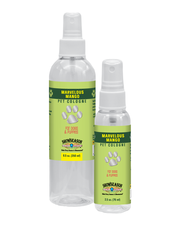 Marvelous Mango Pet Cologne in 8.5 ounce and 2.5 ounce pump spray bottles. 