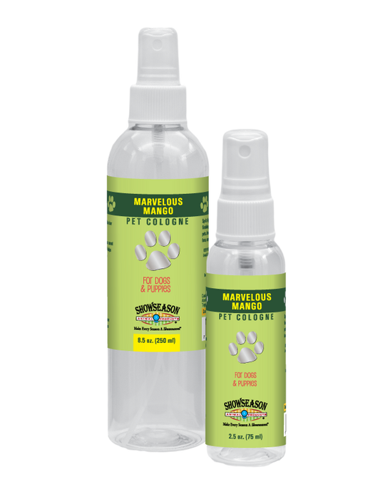 Marvelous Mango Pet Cologne in 8.5 ounce and 2.5 ounce pump spray bottles. 