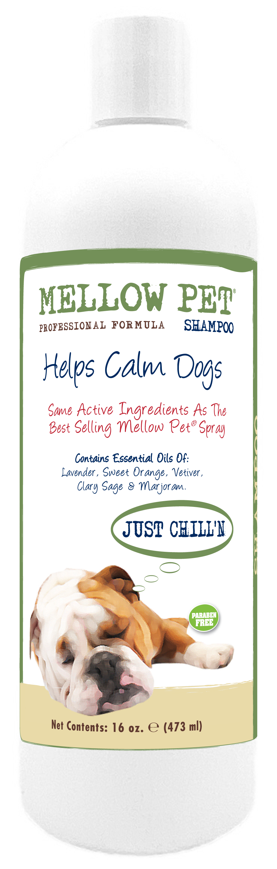 Mellow Pet Shampoo with ingredients and instructions in 16 ounce bottle. 